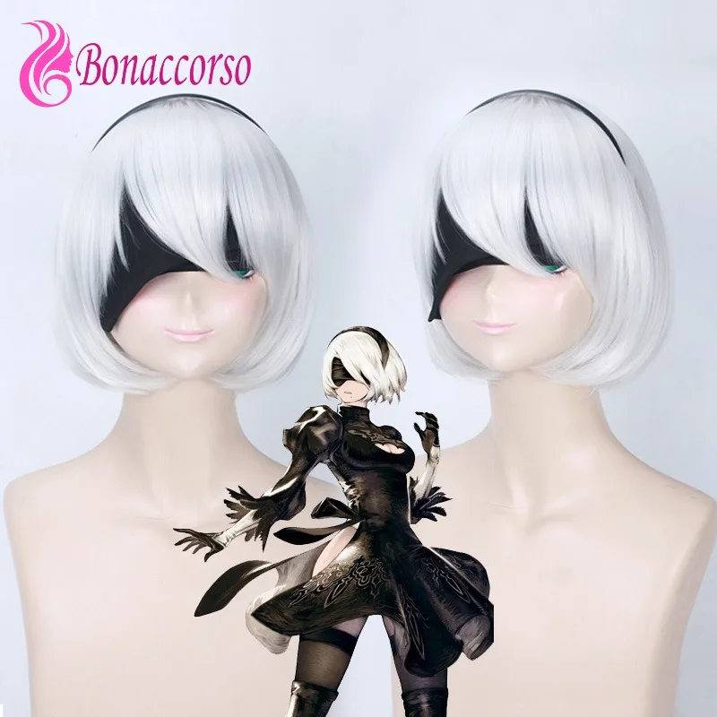 Tsuki nier automata 2b feminino chumbo peruca cosplay prateado branco gradiente franja sintética curta reta peruca anime bonito menina peruca