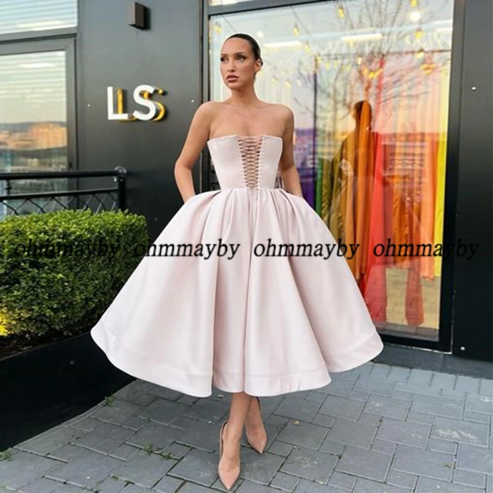 

Fashin Pink Prom Gowns Sleeveless V-Neck Evening Dresses Knee Length Satin Women's Dress 2024 New Arrived Vestidos De Fiesta