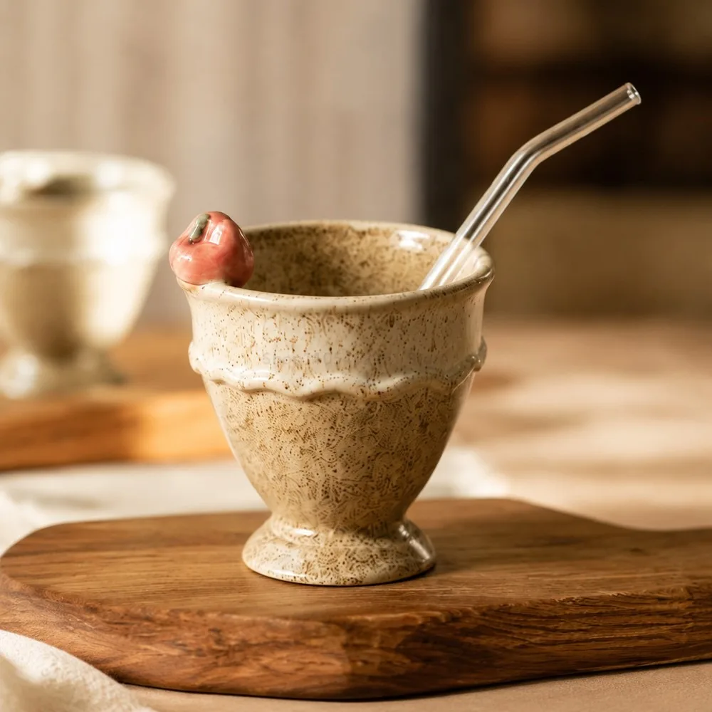 Japanese Retro Handmade Ceramic Coffee Mug with Cherry Handle, Tall Footed Cup, Vintage Pottery Tea Cup for Home Kitchen
