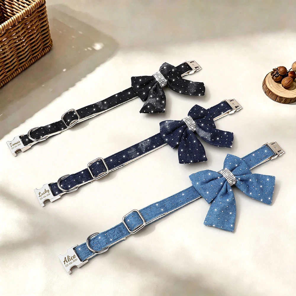 Customized Dog Collars Classic Denim Puppy Dog Necklace With Bling Bow Personalized Name Dog Collars For Small Medium Large Dogs