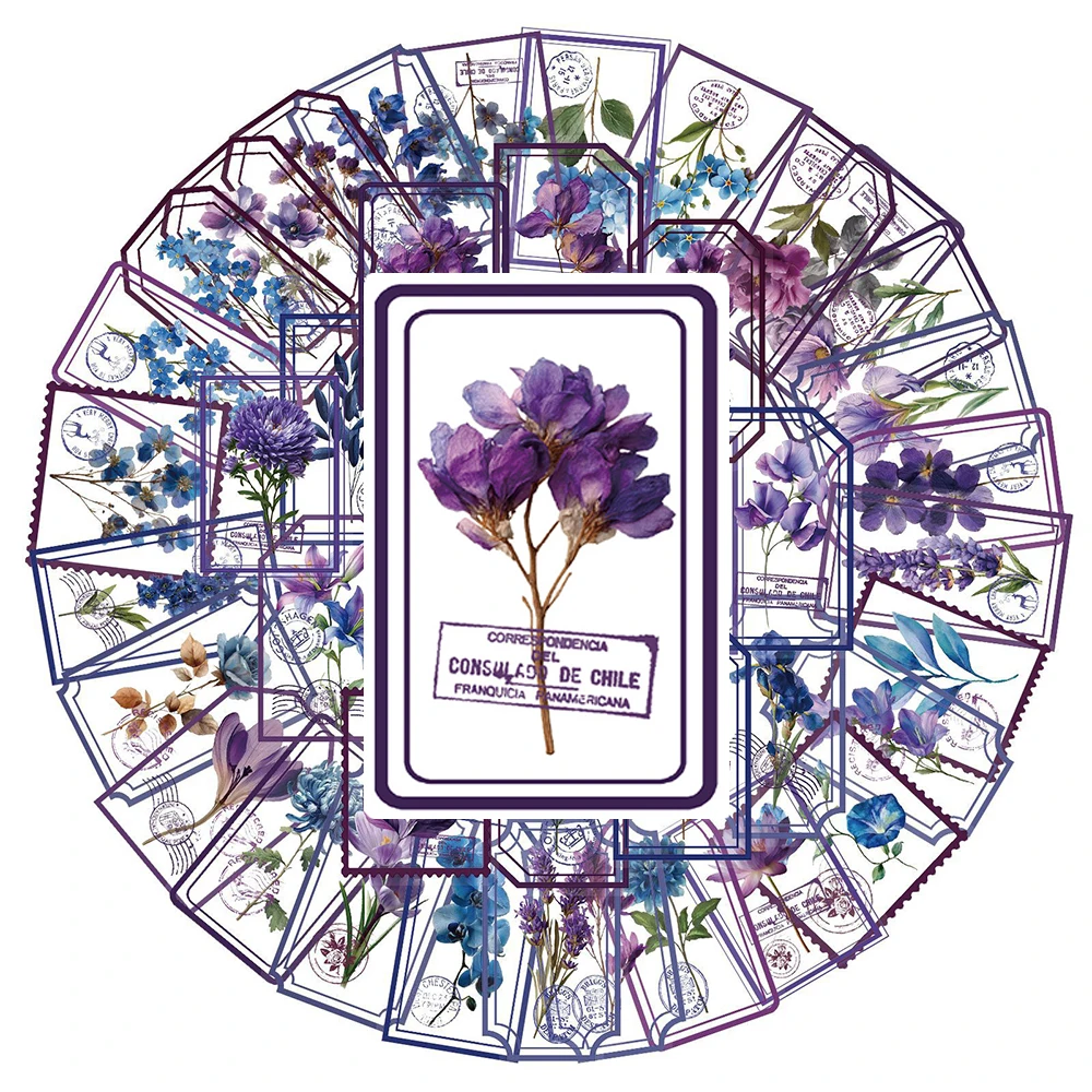 

10/30/50pcs Retro Purple Flower Stamp Stickers Creative Aesthetic Decals Toy DIY Hand Account Phone Cartoon PET Graffiti Sticker