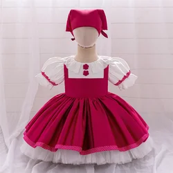 2PCS Hot Pink Masha And Bear Party Dress Kids Flower Fluffy Birthday Clothes Princess Gown For Girl Baby Bow Fashion Dresses