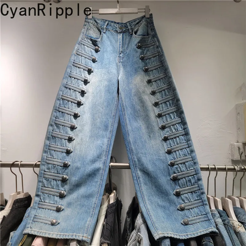 

2026 New Spring Autumn All-match High Waist Straight Jeans Multi Button Decoration Long Denim Trousers Casual Wide Leg Pants