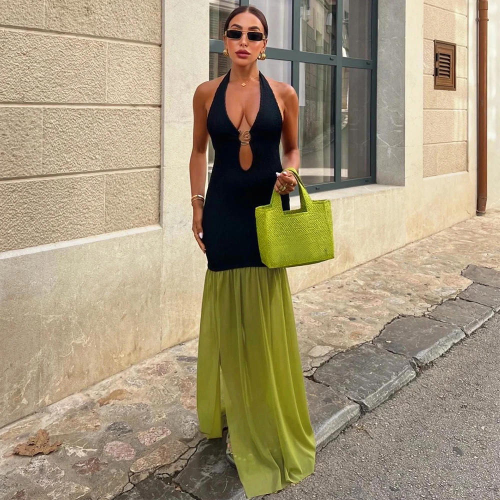 Robe Maxi Sexy dos nu découpée pour femmes, sans manches, Patchwork, décontractée, longue, tenue de soirée, printemps automne, vêtements Y2K