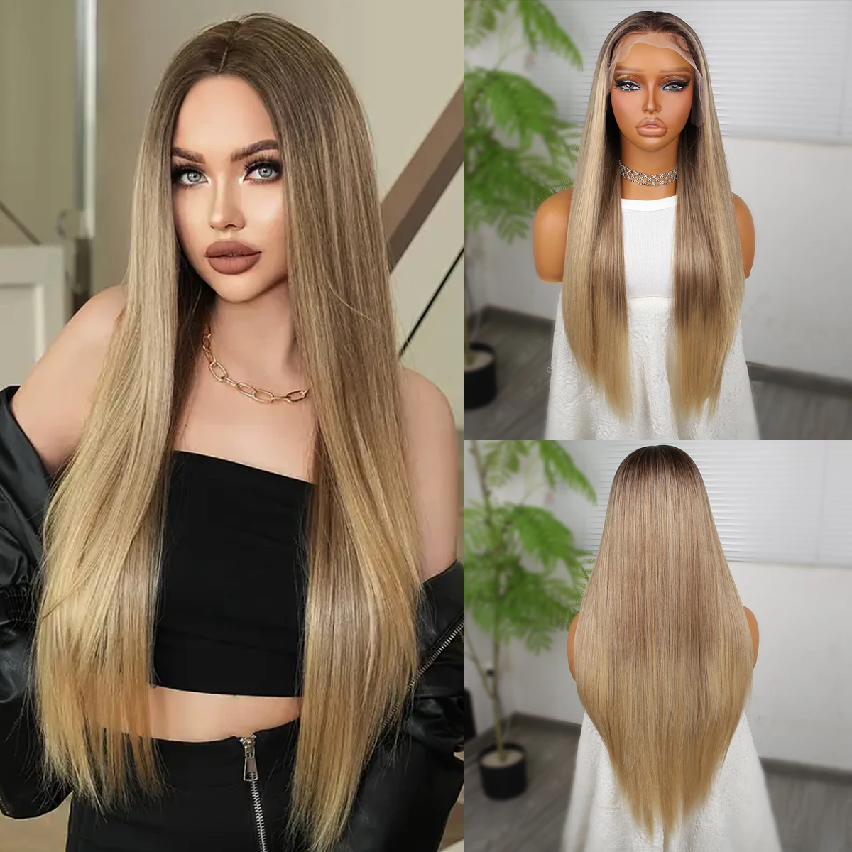 13*4 Lace Front 26inch Synthetic Lace Wigs Straight hair Wig Ombre Blonde Fancy Glamorous Silky Daily heat-resistant fiber