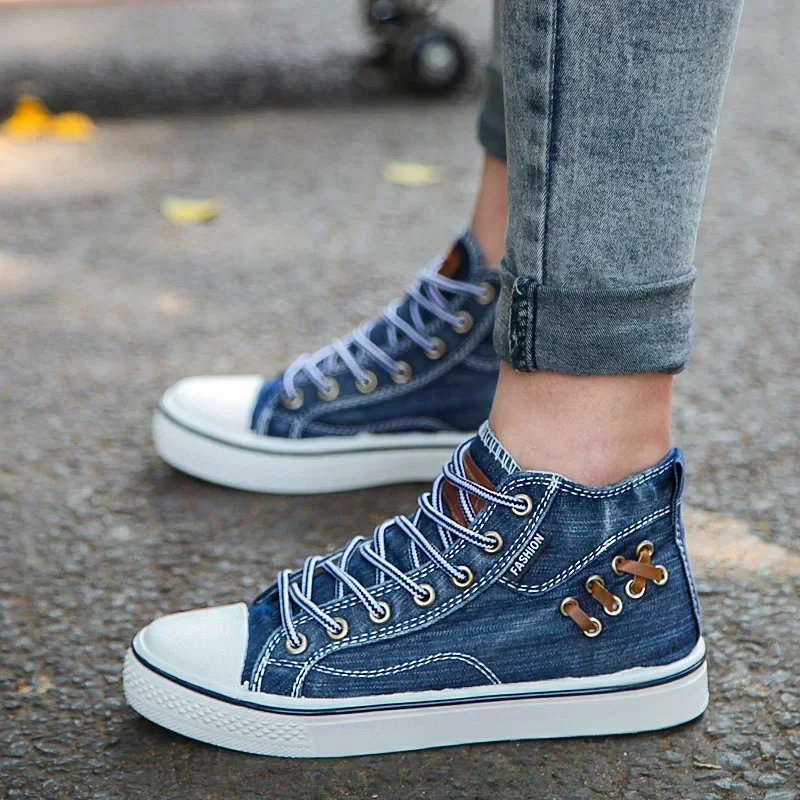 Denim Canvas Sneakers for High Top Walking Sport Shoes Round Toe Lace Up Men Casual Shoes Running Thick Sole Ladies Brand Boots