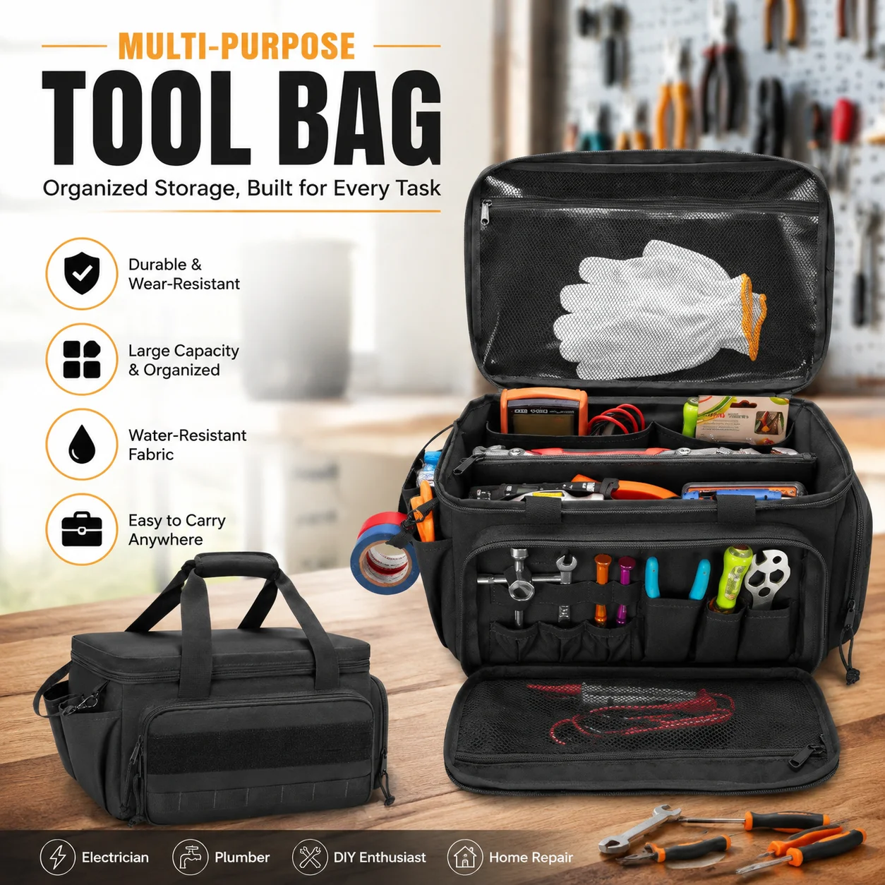

Heavy Duty Tool Bag, Quick Tool Access with Wide Opening Zip Design, Multiple Internal and External Pockets with Carry Handl