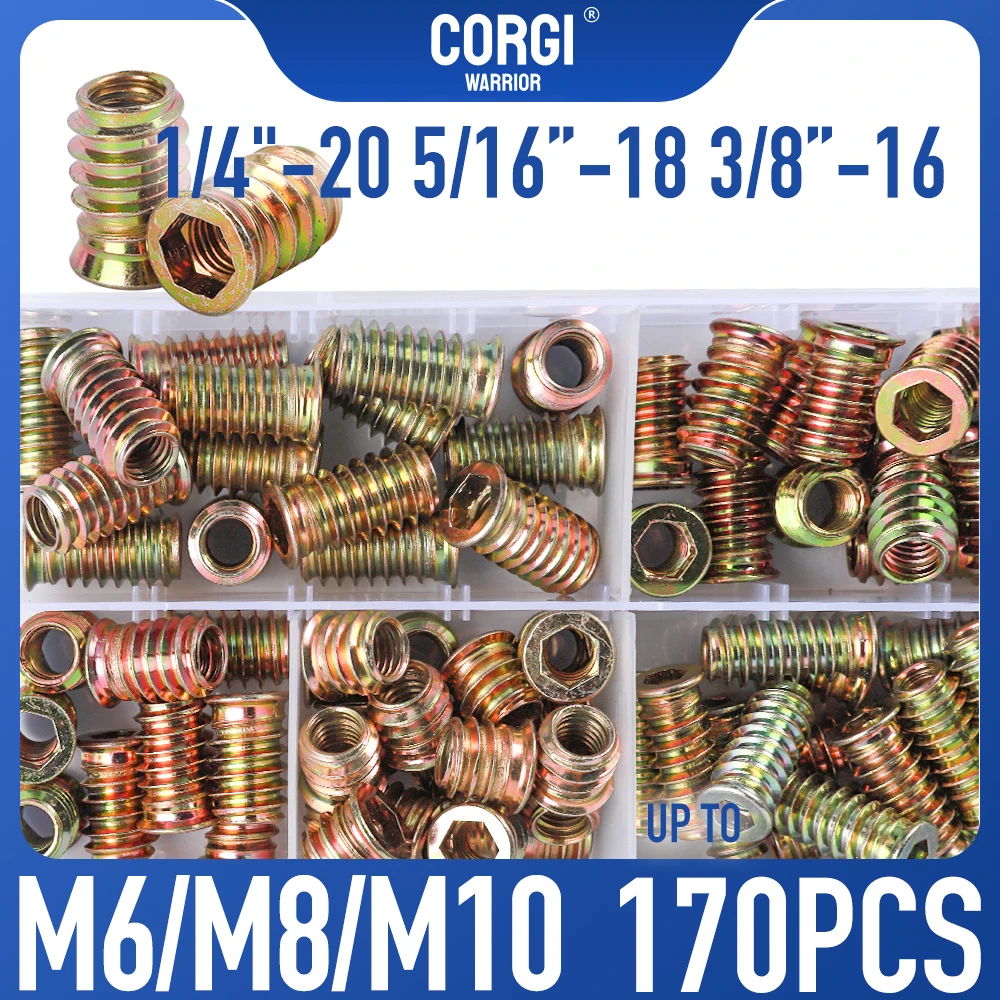 up to 170 M6 M8 M10 Wholesale Threaded Wood Inserts Nuts Assortment Kit 1/4-20 5/16-18 3/8-16 Steel Insert for Woodworking Screw