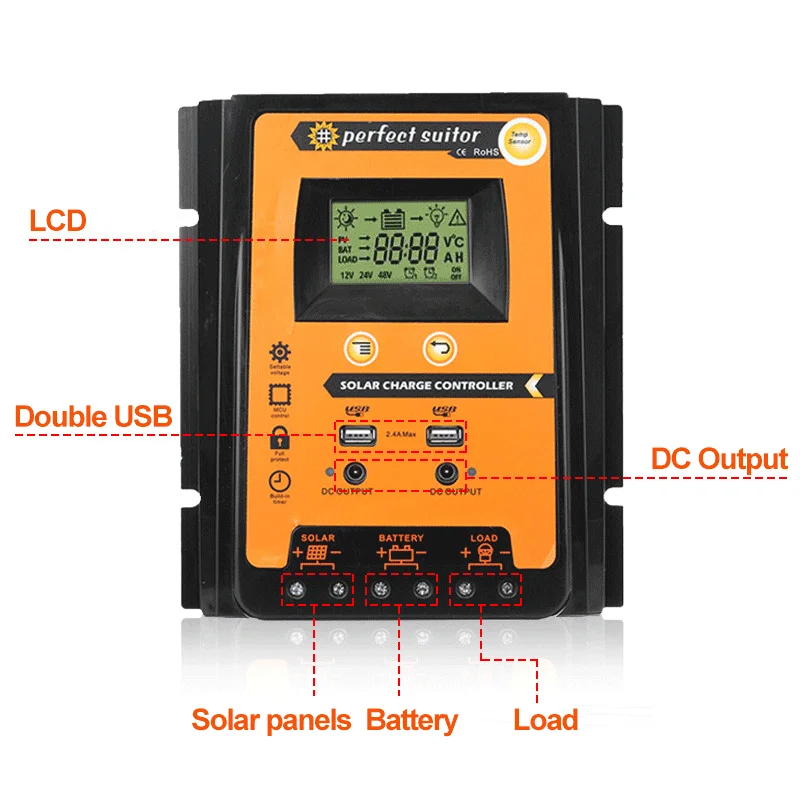 Imagem -05 - Mppt Controlador de Carga Solar Controle do Sistema Solar Controlador de Célula pv Regulador da Bateria Usb 5v dc 12v Saída 30a 50a 70a 12v