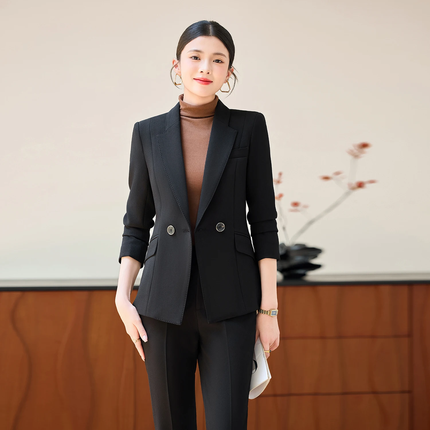 طقم بدلة على الطراز المتقدم من NAVIU للنساء لخريف وشتاء سترة وسراويل ضيقة للأعمال مزاجية جديدة ملابس عمل للسيدات في المكتب