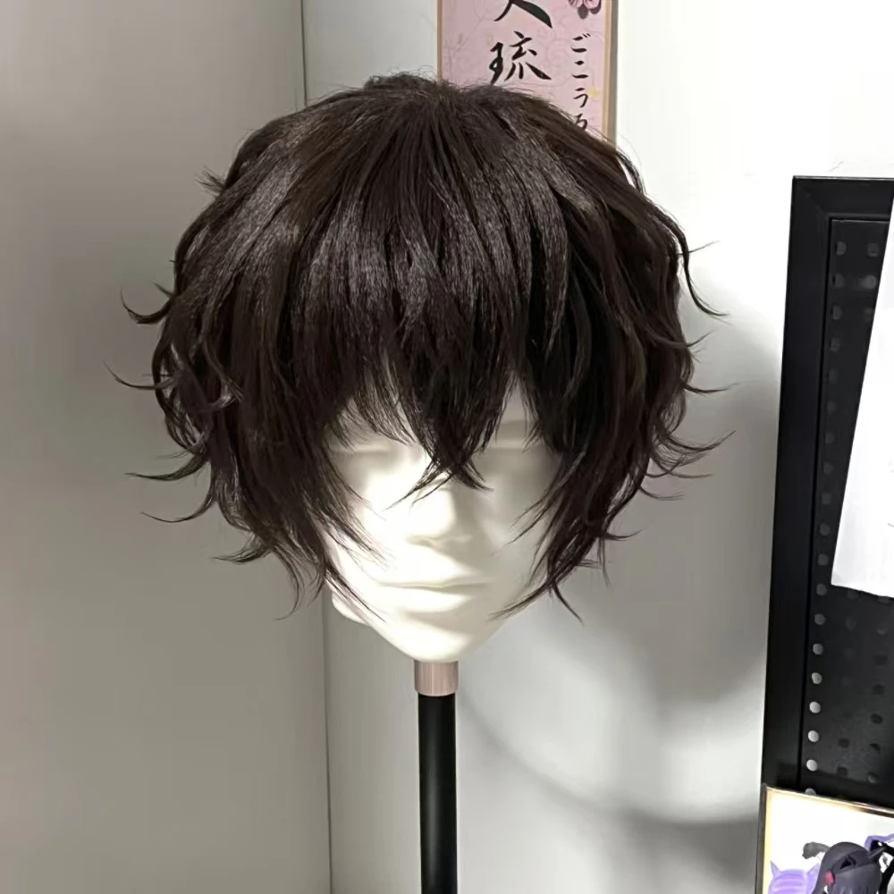 Anime Dazai Osamu Cosplay Wig Black Brown Mixed Color Slightly Curly Short Hair Heat Resistant Synthetic Fiber Wig Rose Net