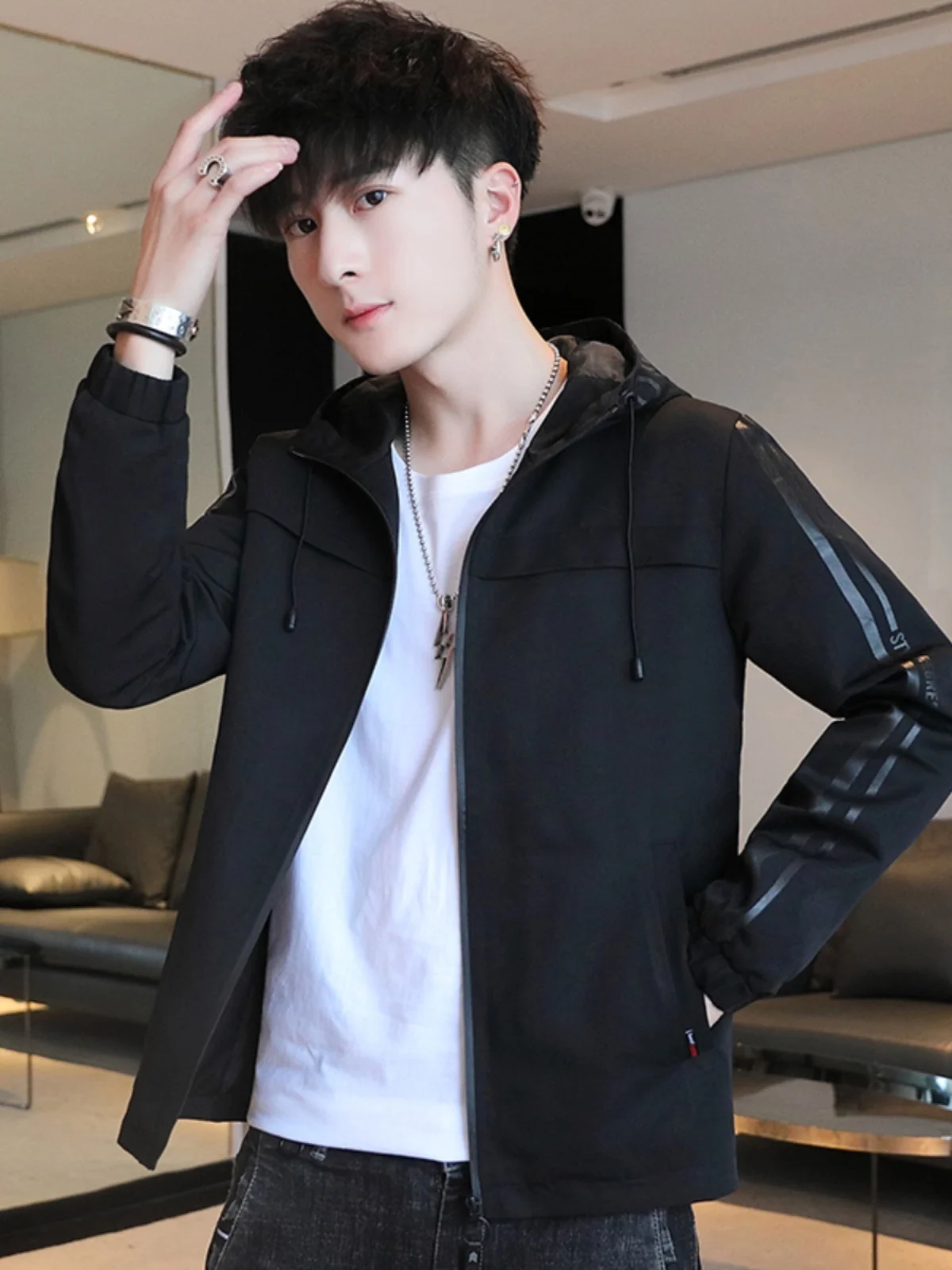 

Spring Autumn Men's Jaet New Casual Hooded Waterproof Loose Modern Sle Youth ulari Windproof Lightweight Zipper Closure