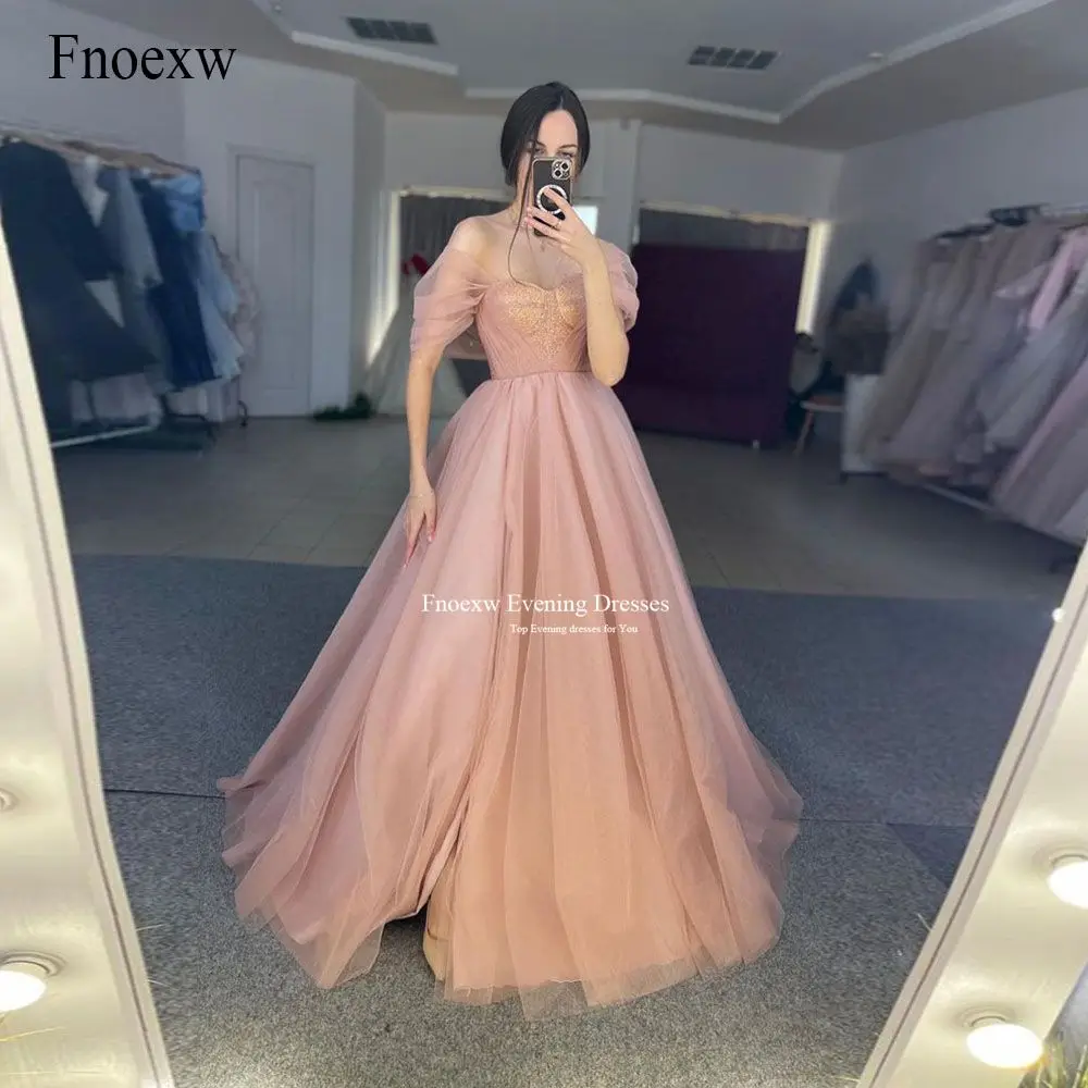 Fnoexw Luxury Sweetheart Tulle Evening Dress Women Formal Prom Party Gown Women Glitter Squined Short Sleeves Galadress Vestidos