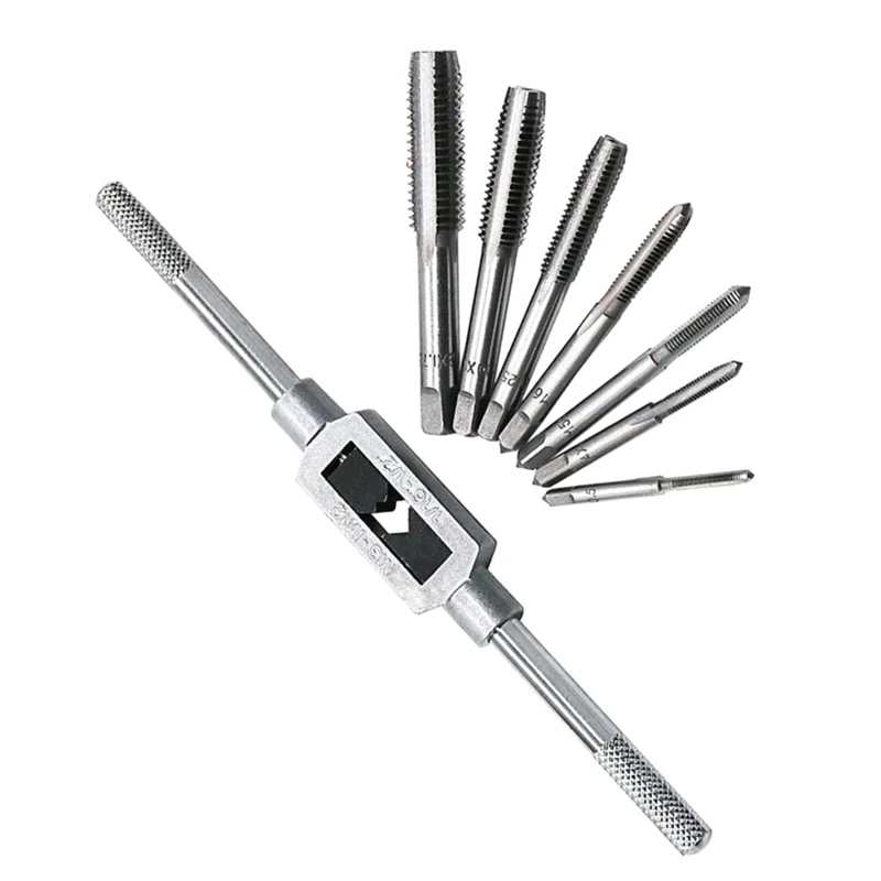 8Pcs Hss Hand Screw Tap Die Wrench Schroefdraad Plug Tap M3 M4 M5 M6 M8 M10 M12 Met Verstelbare Tap Wrench 1/16-1/2