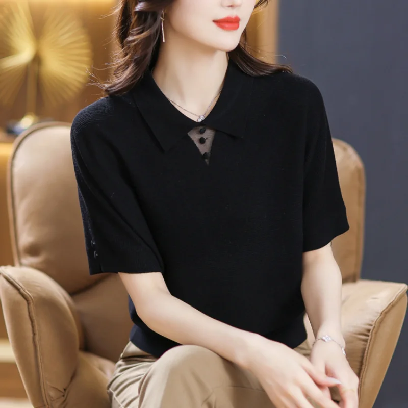 Korean Women Summer Short Sleeve Knitted Polo Shirts Fashion Casual Loose Ice Silk Solid Thin Simple New All-match Pullover Tops