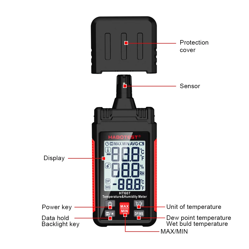 HT607 Digital Hygrometer Temperature Humidity Meter Handheld LCD Thermometer Hygrometer Psychrometer Wet Bulb Dew Point Tester