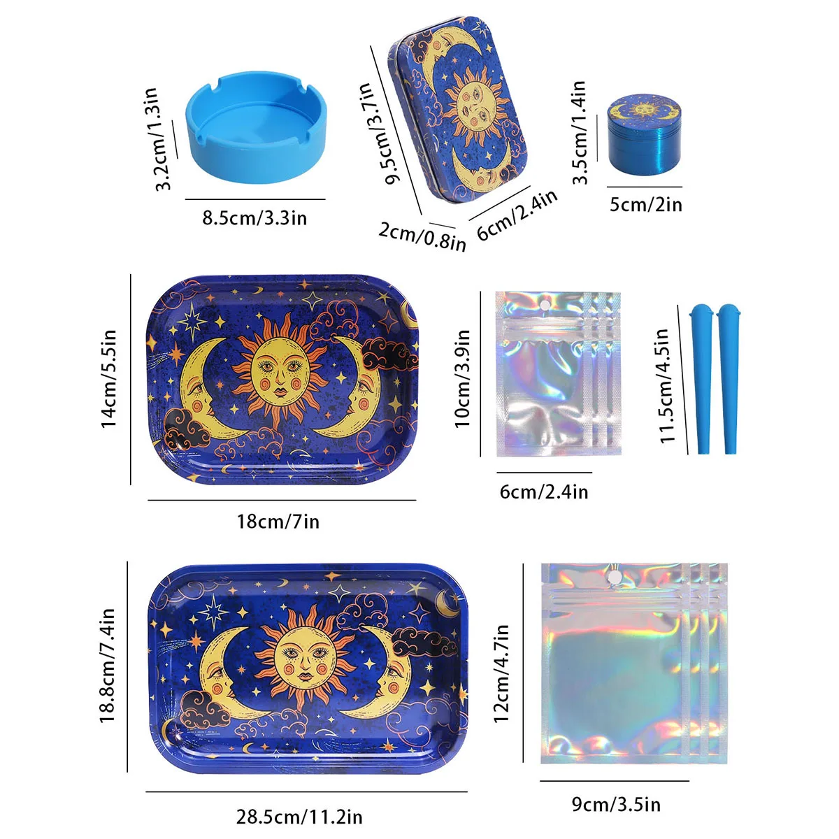 13PCS Sun with Moon Tinplate Smoke Accessories Set Tin Tobacco Rolling Tray Ashtray Small Cigaret Box Gift Smoking Accessorie