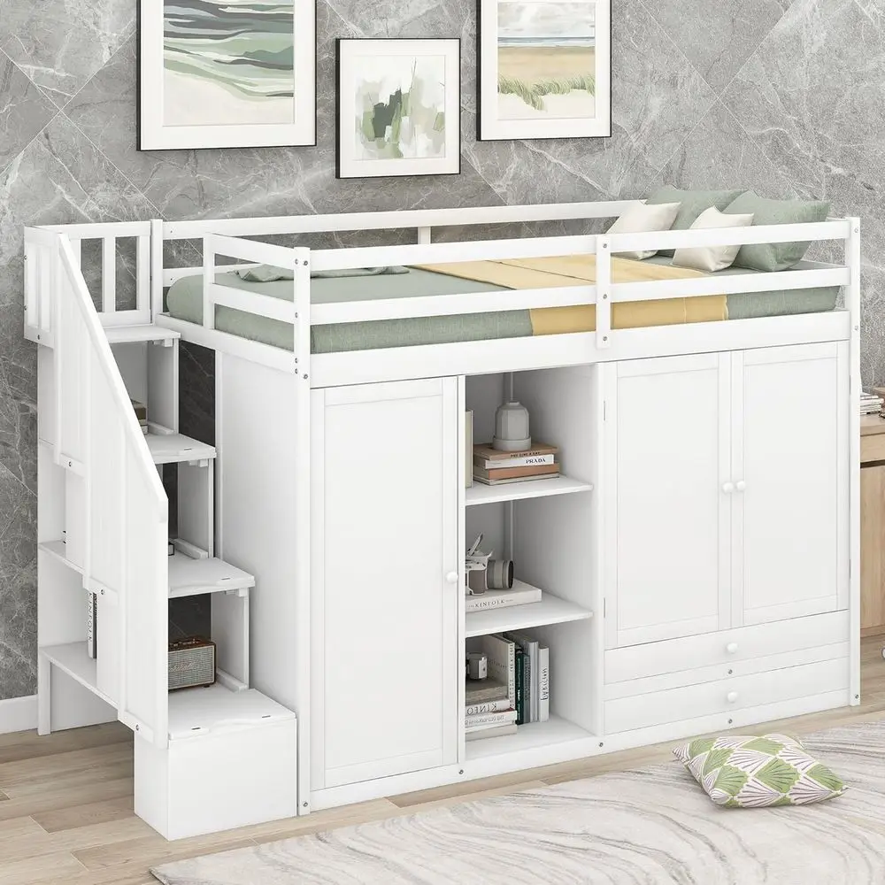 

Twin Size Kids Loft Bed with Storage Stairs, 2 Wardrobes, and 3 Shelves, White Wood, No Box Spring Needed
