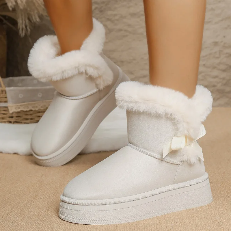 

Women's Winter Snow Boots Thick Bottom Warm Furry Mouth Butterfly Knot Short Tube Boots Easy to Wear Large Size Rubber Sole