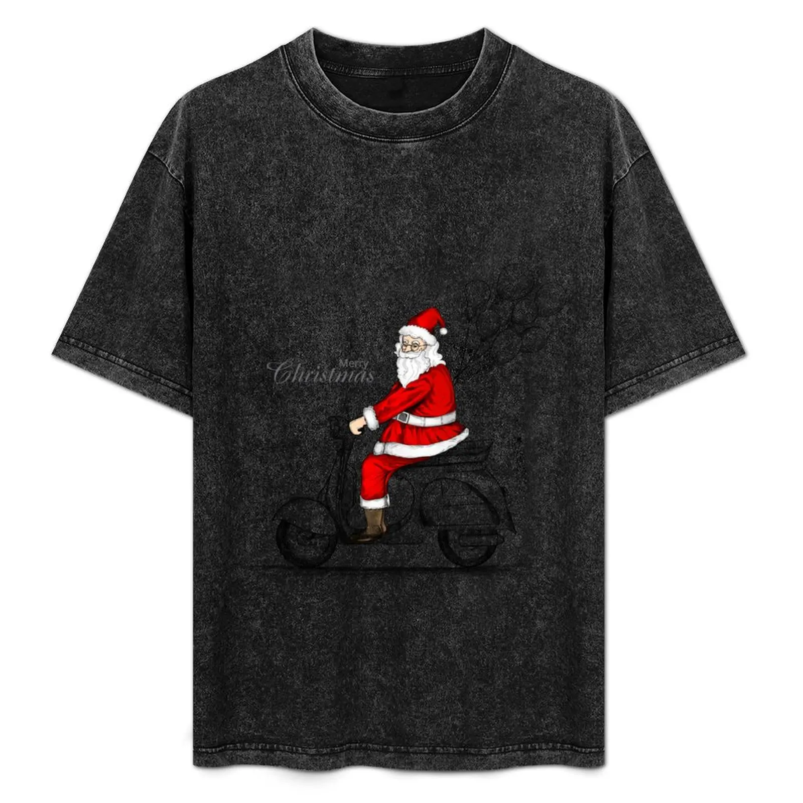 

Merry Christmas Greetings with hand drawn santa claus riding scooter T-Shirt Big and Tall Crew Neck Tee