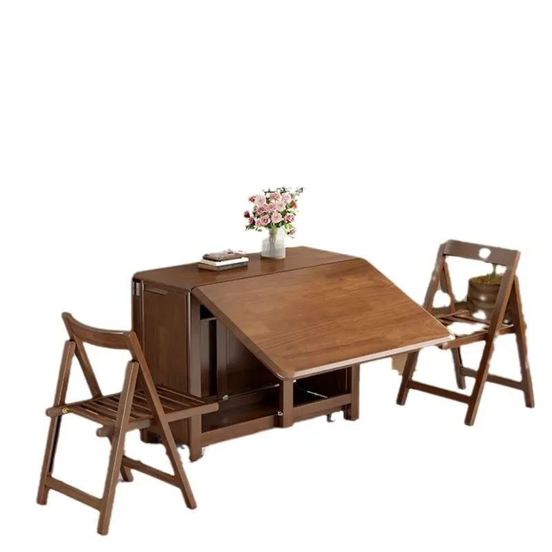 Household small apartment foldable white rectangular dining table and chair combination eating all solid wood retractable