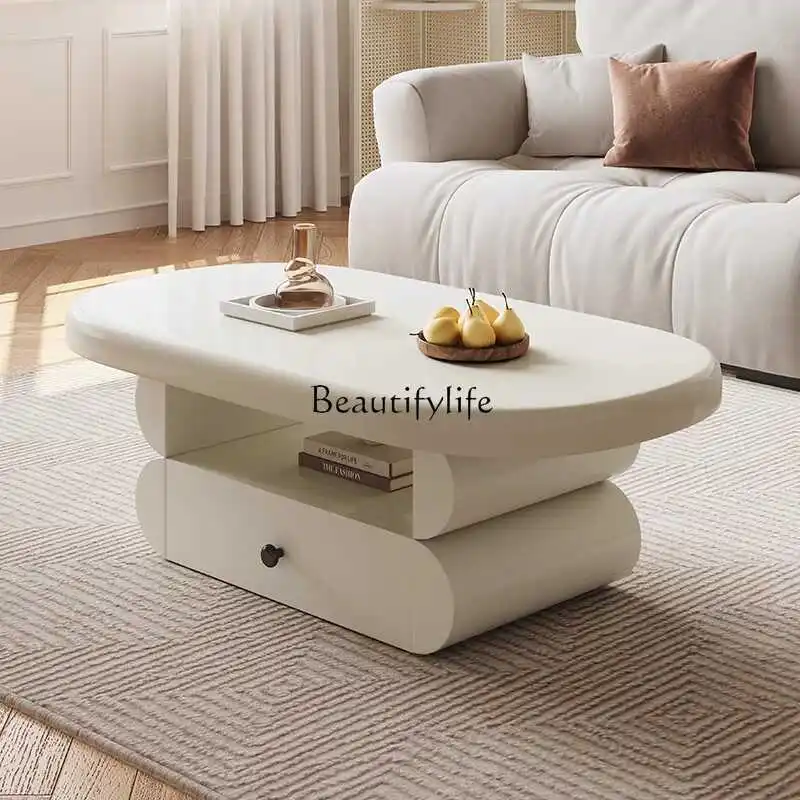 

04*Italian light luxury oval coffee table small apartment cream wind solid wood paint coffee table