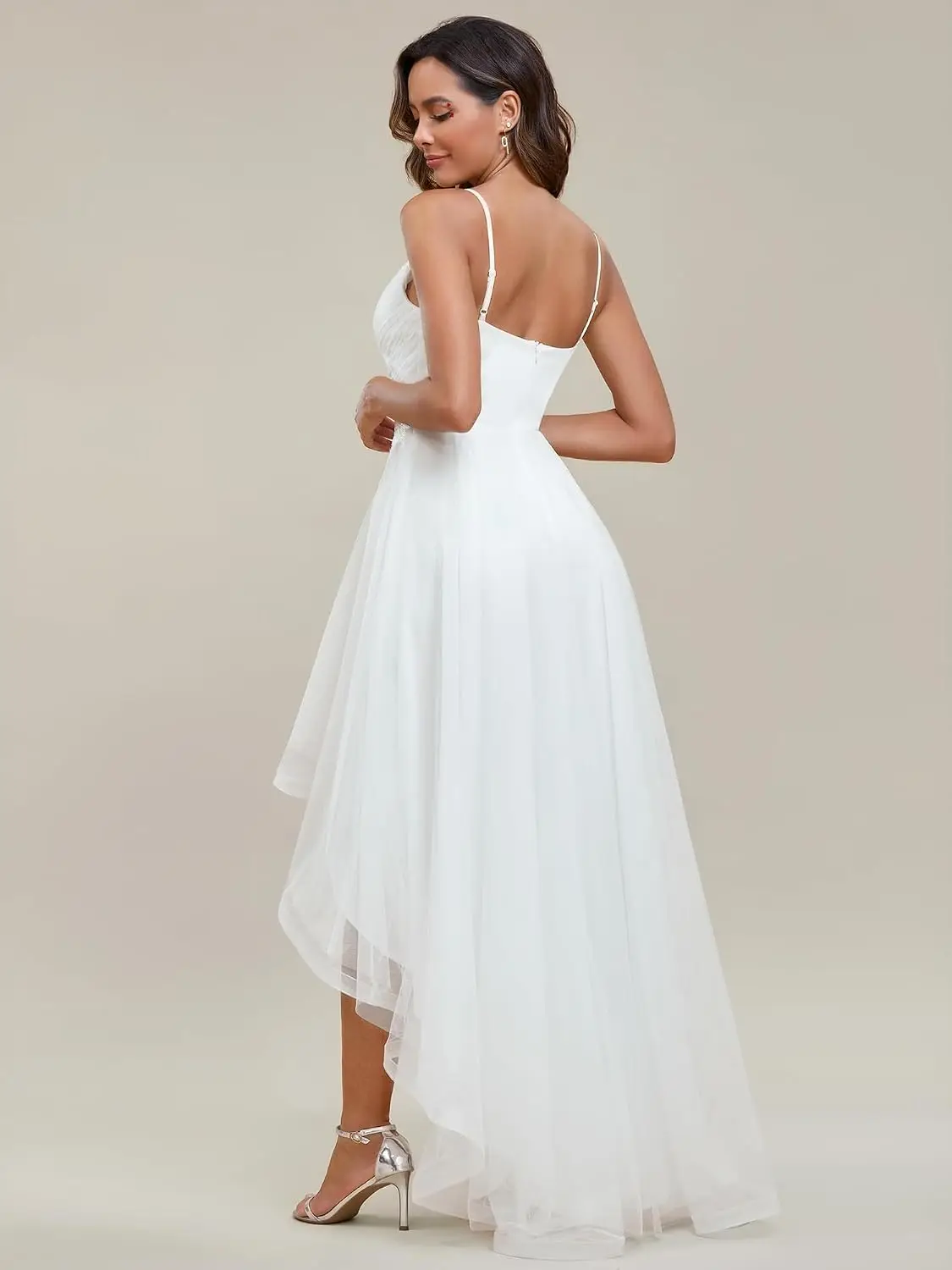 V-Neck Sleeveless Graduation Dress Tulle High-Low A-Line Prom Gown Wedding Guest Dresses