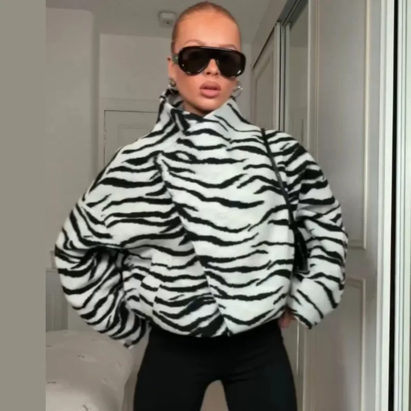 Oversized Zebra Print Stand Collar Jacket Women Loose Long Sleeve Wrap Lapel Women Casual Streetwear Outerwear 260902