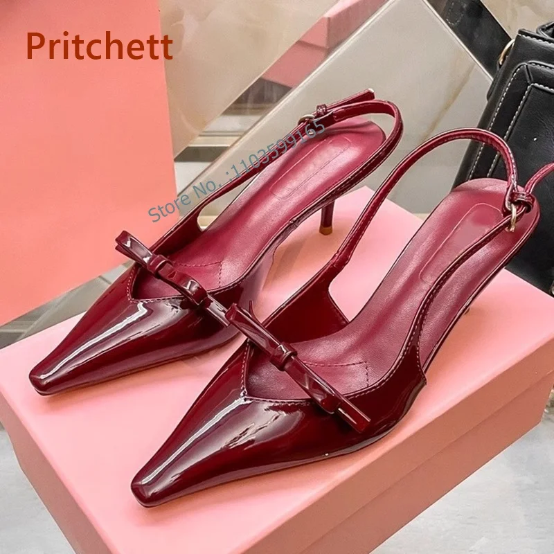 

Pointy Toe Butterfly Knot Pumps Thin Heel Shallow Solid Burgundy Patent Leather Women's Sandals Buckle Strap Slingback Shoes