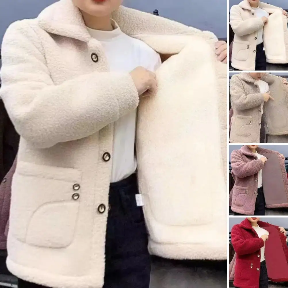 Winter Fleece Coat Thickened Single-breasted With Side Pockets Turn-down Collar Coldproof Long Sleeves Outwear Female Jacket