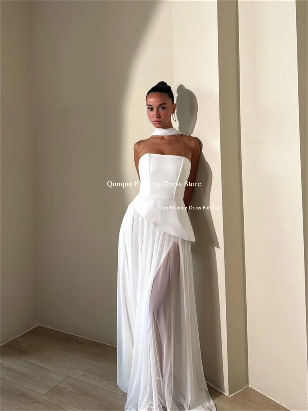 Qunque Sexy Sleeveless A-line Chiffon Wedding Dresses With Scarf Simple Vestidos De Novia Floor Length Robe De Mariée Customized