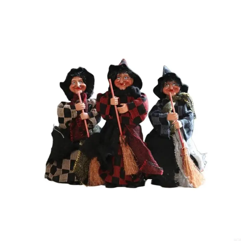 

M17D 3Pcs Festival Witch Figure Ornament Cloth Broom Wizard Figurine Decoration for Mantels Window Holiday Party Decoration