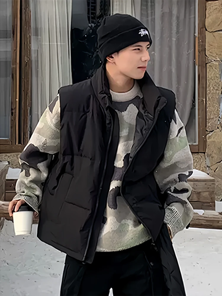 

Black down Vest Men's Autumn Winter Cotton American Cleanfit Sleeveless Stand Collar Cotton Coat Outerwear Loose Fit Teenagers