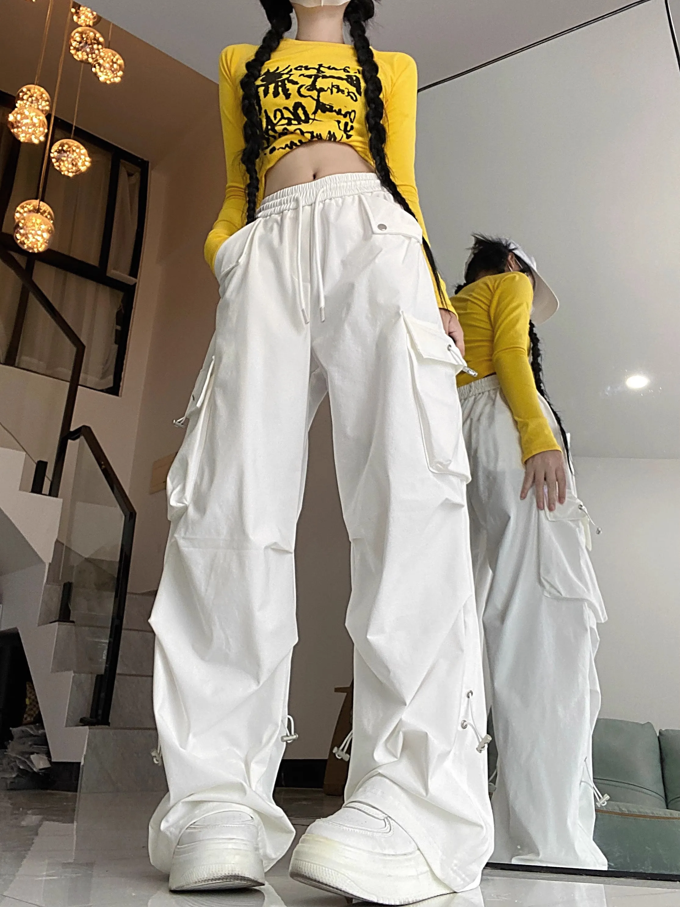 Streetwear Women Baggy Trousers Drawstring High Waist Solid White Pants 2024 Summer Y2K Style Outfits Fitness Workout Bottoms