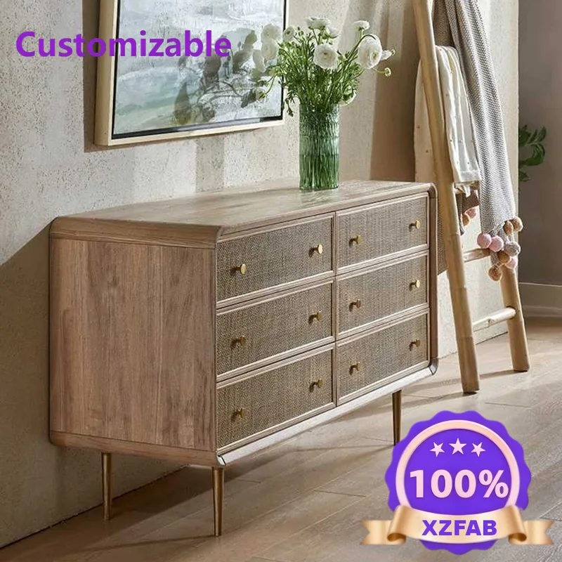 Factory Direct 2026 Nordic retro rattan six-chest cabinet household bedroom solid wood storage dining side cabinet drawer type