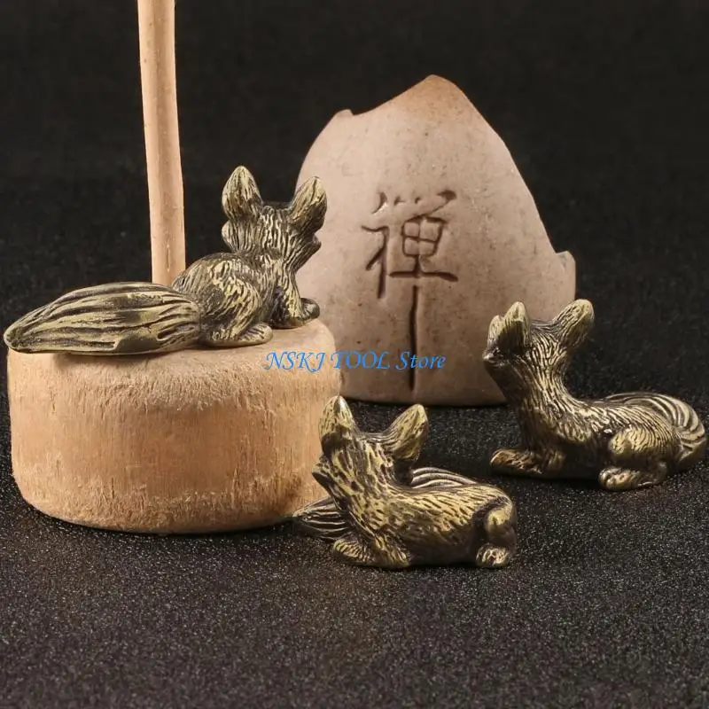 L8RC Antique Finish Metal Foxes Miniature Animal Sculpture Compacts Desk Decors Ornament Cultural Gift for Writers Collectors