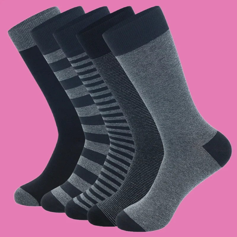 

5 Pairs Summer Business Men's Dress Stocking Brearthable Soft High Socks Fashion Black Gray Stripe Pure Men Cotton Socks