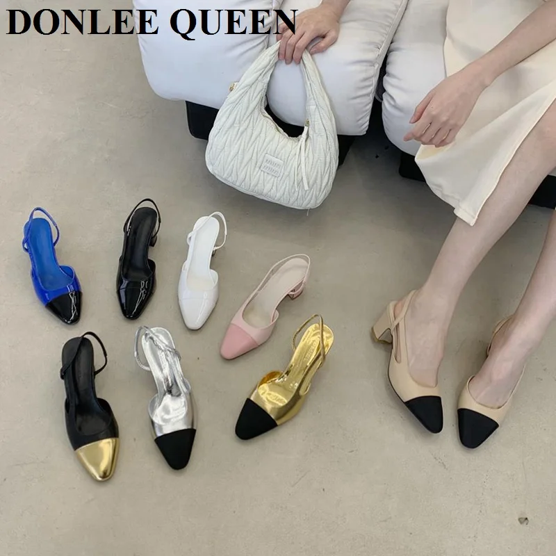 Classic Elegant Mixed Color Slingback Sandals Women Elastic Band Back Strap Heel Pumps Brand Design Shoes Mule Dress Party Mujer