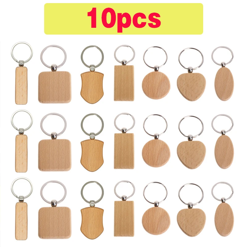 10Pcs Blank Wooden Keychain Rectangular Round Heart Shape Wood Key Chain Key Ring