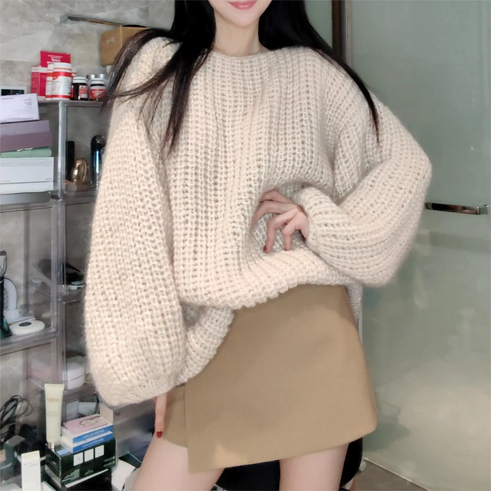 2024 Autumn Fashion New Celebrity Style One neckline Women's Pure Wool Needle Handwoven Beige Sweater Knitted Sweater Pullover W