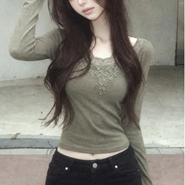 Korean Style Lace Splice Long Sleeve Square Collar T-Shirt Women's Standard Fit Autumn Fashion Ladies' Premium T-shirt