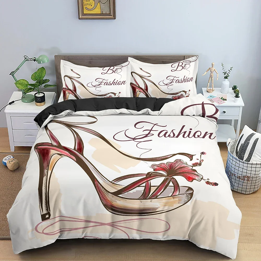Fashion Woman Cosmetic Female High-heeled Shoes Comfortable Duvet Quilt Cover Pillowcase Bedding Set Children Bedroom Decoration