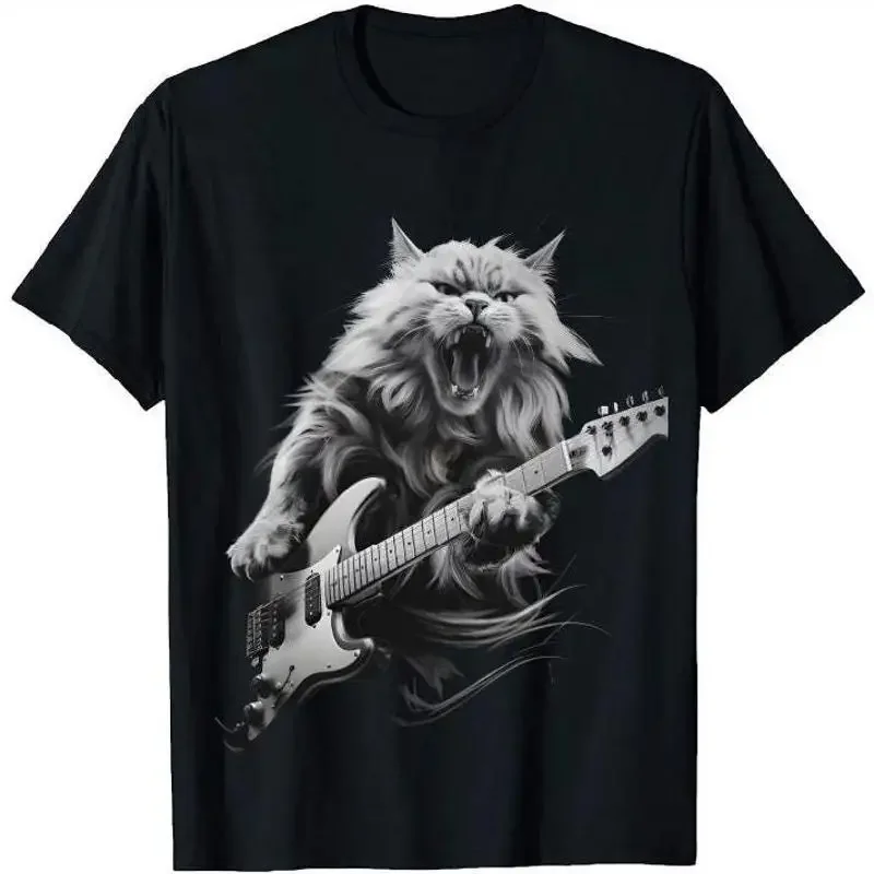 Rocking Cat T Shirt Perfect For Music Lovers Pet Owners Casual Wear Concert Ready Rock Playing Guitar