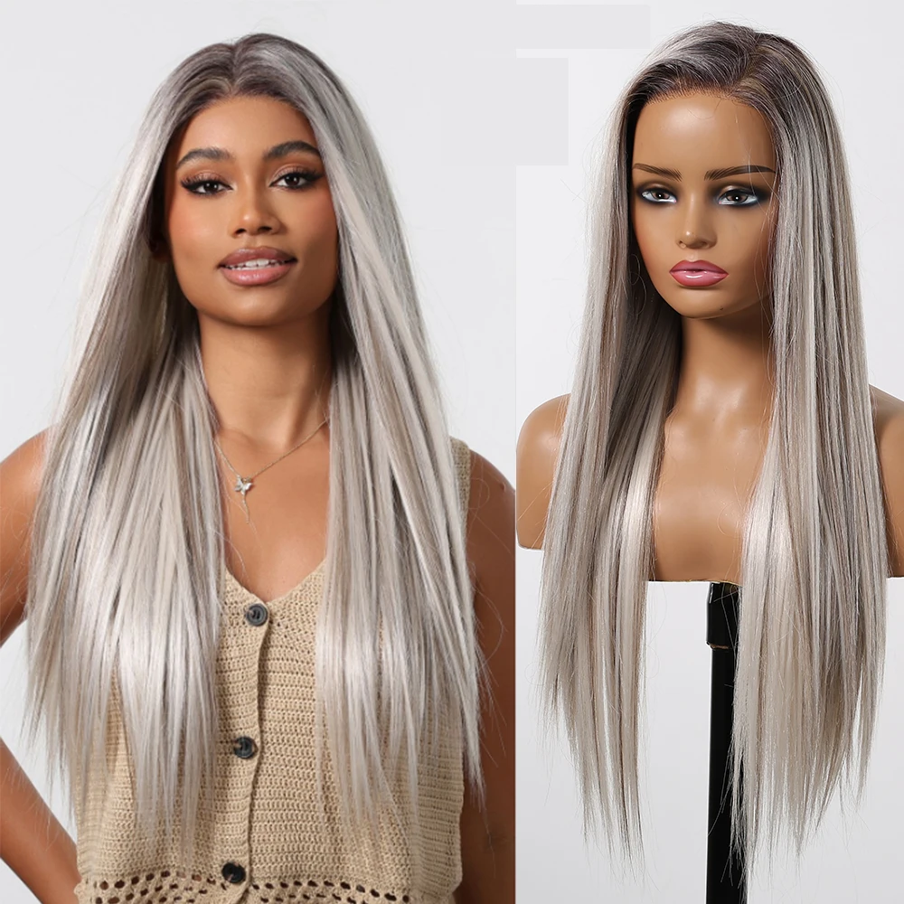 Gray Platinum Highlight Synthetic Wigs 13*6 Transparent Swiss Lace Frontal Wigs Pre Plucked Hair for Afro Women Brazilian Wigs