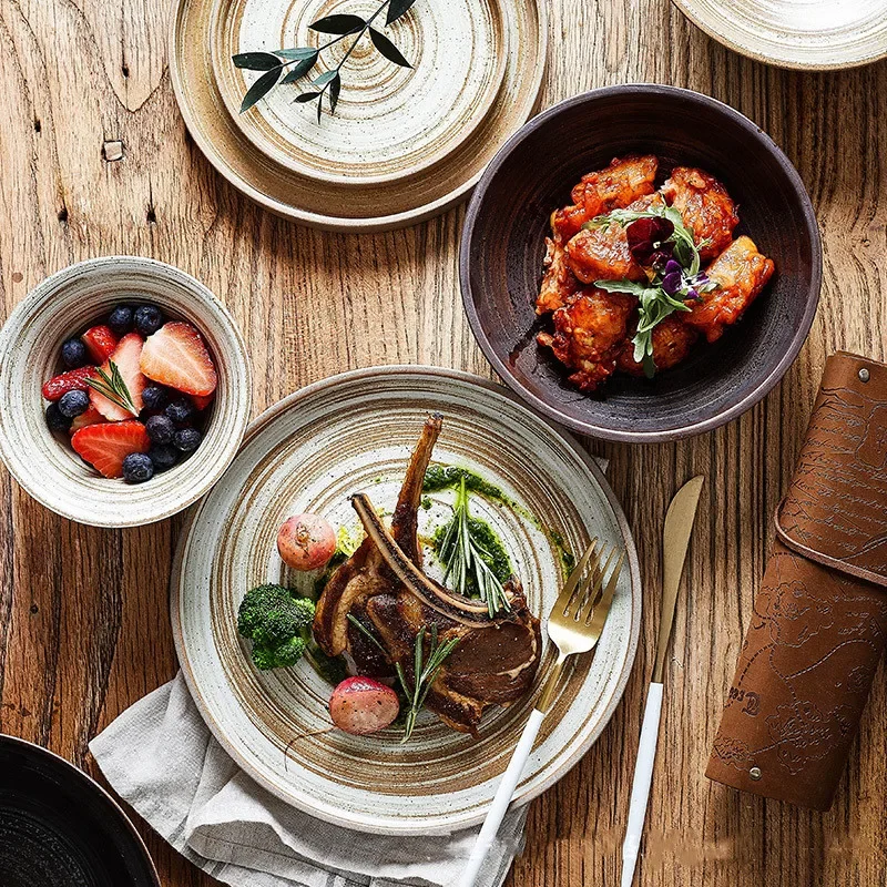 Japanese Style Ceramic Bowl Platter Creative Retro Coarse Pottery Eating Rice Bowl Plate Handmade Plate Home Steak Plate
