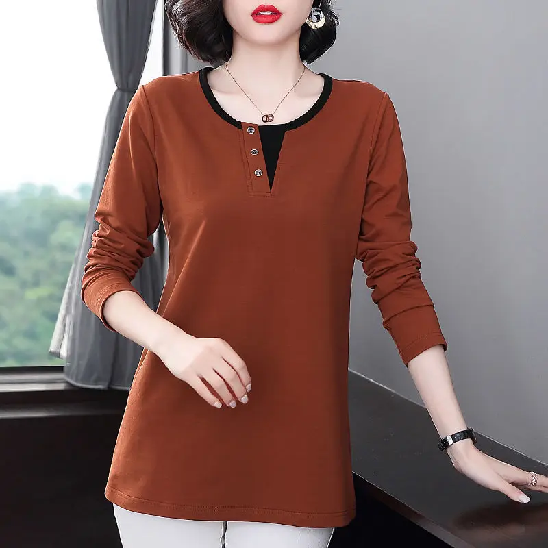 Middle Aged Women Elegant Button Contrast Color Long Sleeve Loose Basic T-shirt Spring Autumn Casual All Match Ladies Tops M-5XL