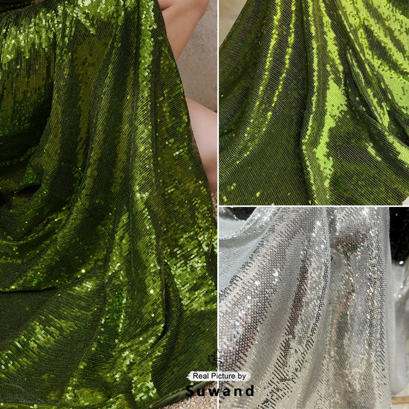 

Vintage Green Silver Sequined Lace Fabric Sparkle Material for Dresses, Party Decor, Curtains,Backdrops,Draperies,DIY Material