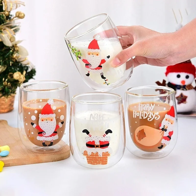 كوب زجاجي لعيد الميلاد بنمط سانتا كلوز كوب قهوة مزدوج الجدار كوب ماء للإفطار للأطفال في المنزل/المكتب أدوات للشرب هدايا عيد الميلاد