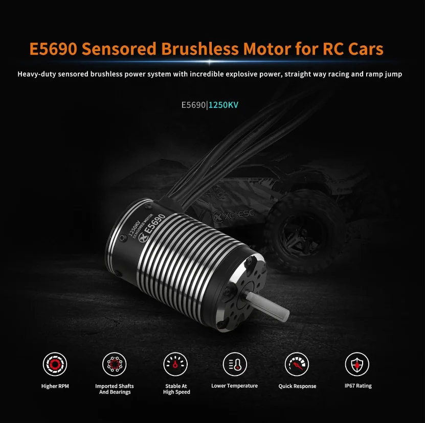 XC E5690 センサー付きブラシレスモーター RCカー用 3-8S Lipo 1250KV IP67 防水 1/6 ショートコース、モンスター、1/5 ライトデューティトラック用