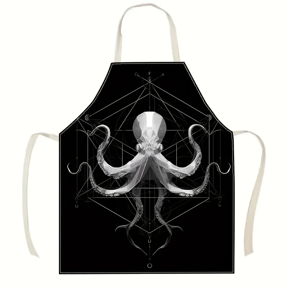 Vintage Octopus Anatomy Apron, Black White Squid Kitchen Bib, Gothic Seafood Cooking Gift for Men Chef Dad BBQ Home Decor
